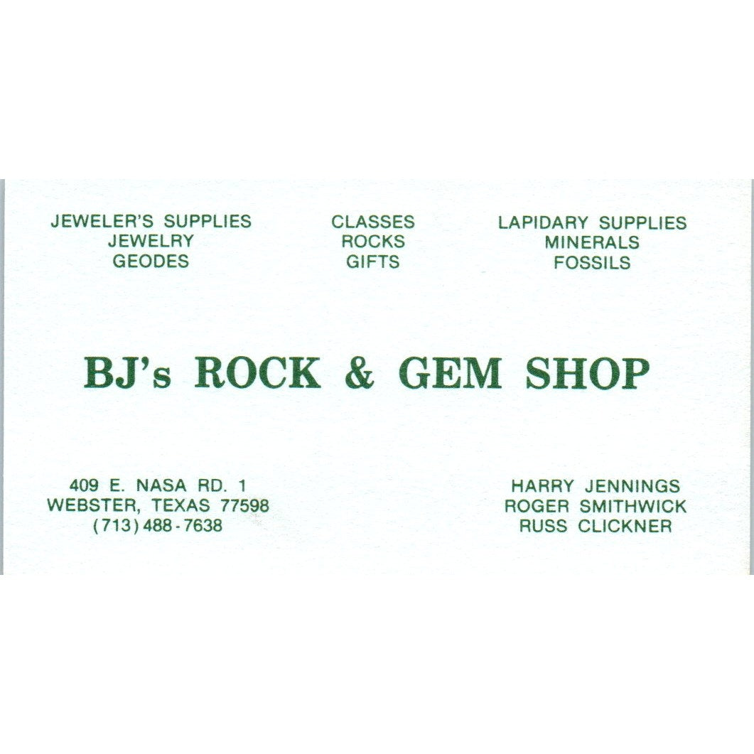 BJs Rock & Gem Shop Clear Lake Coins & Stamps Webster TX Business Card SE3-B7