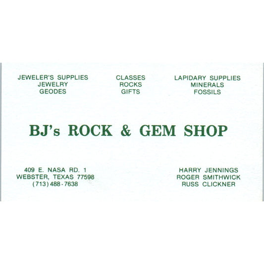 BJs Rock & Gem Shop Clear Lake Coins & Stamps Webster TX Business Card SE3-B7