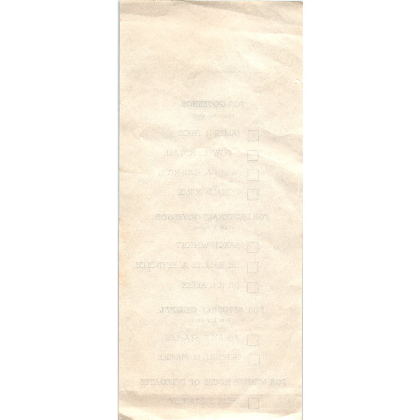 1937 Virginia Election Ballot Governor James H. Price J. Powell Royall AF1-RR6