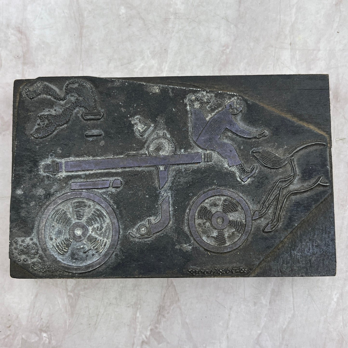 Man on a Steam Power Cart Smoking a Pipe Vintage Letterpress Printers Block TH2