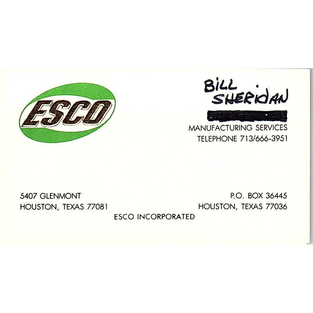 ESCO Bill Sheridan Houston TX Vintage Business Card SD9-B5