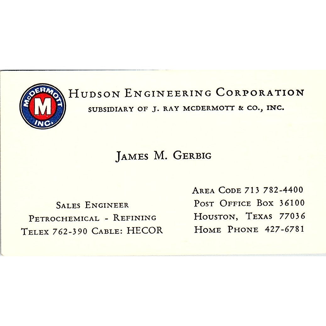 Hudson Engineering Corporation James M. Gerbig Houston TX Business Card SF3-B5