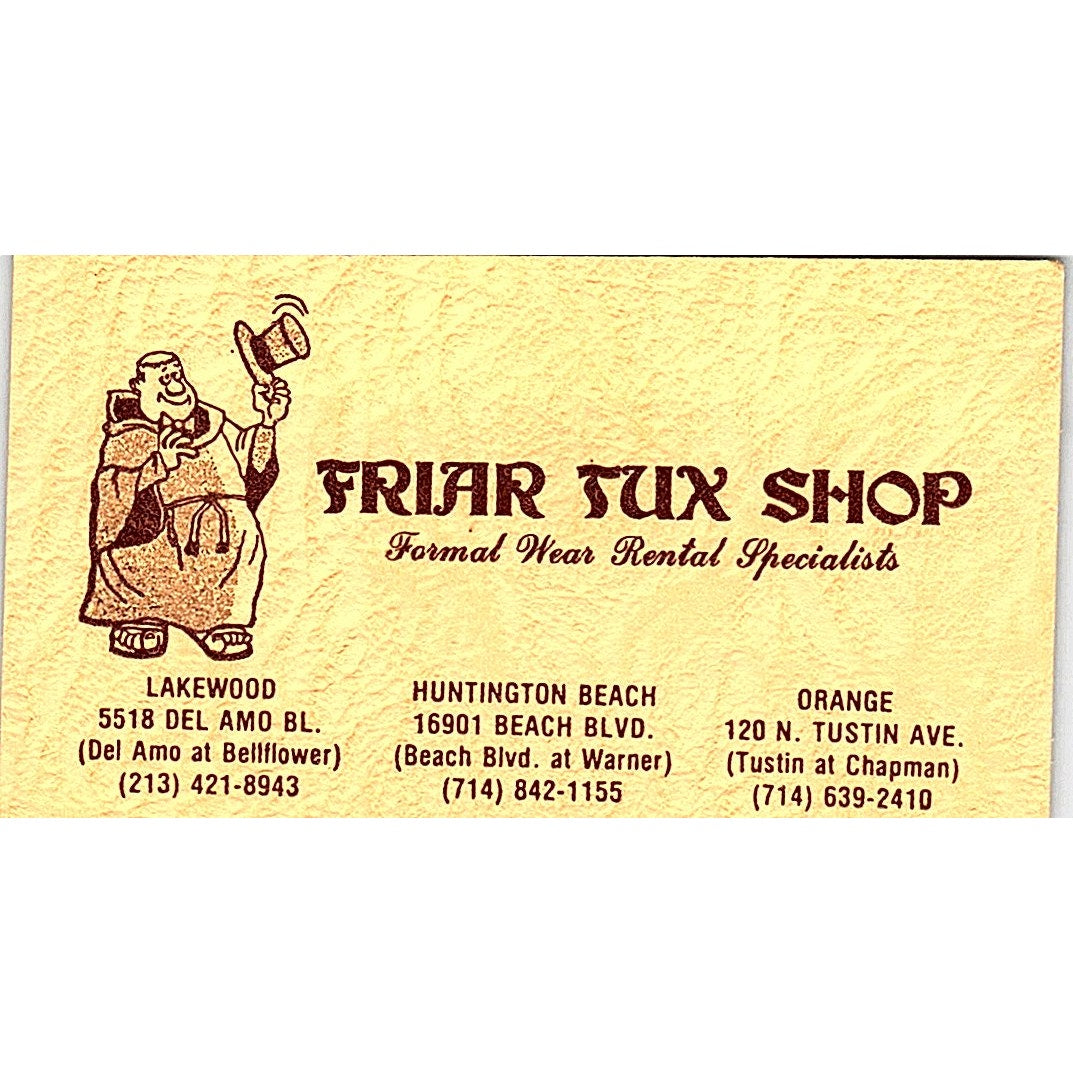 Friar Tux Shop Lakewood CA Vintage Business Card SD9-B9