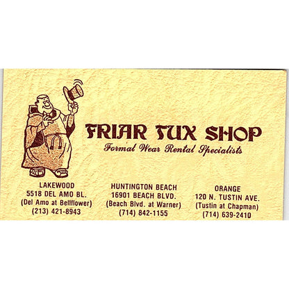 Friar Tux Shop Lakewood CA Vintage Business Card SD9-B9