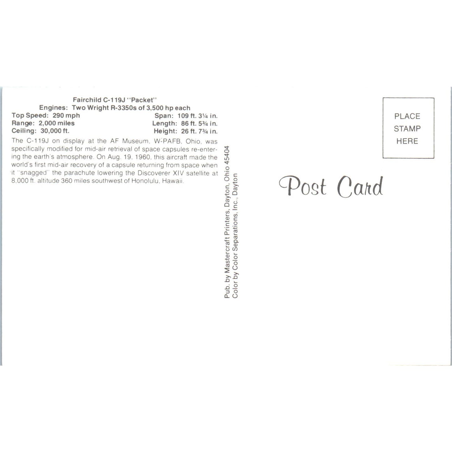 Fairchild C-119J Packet Vintage Postcard PC19