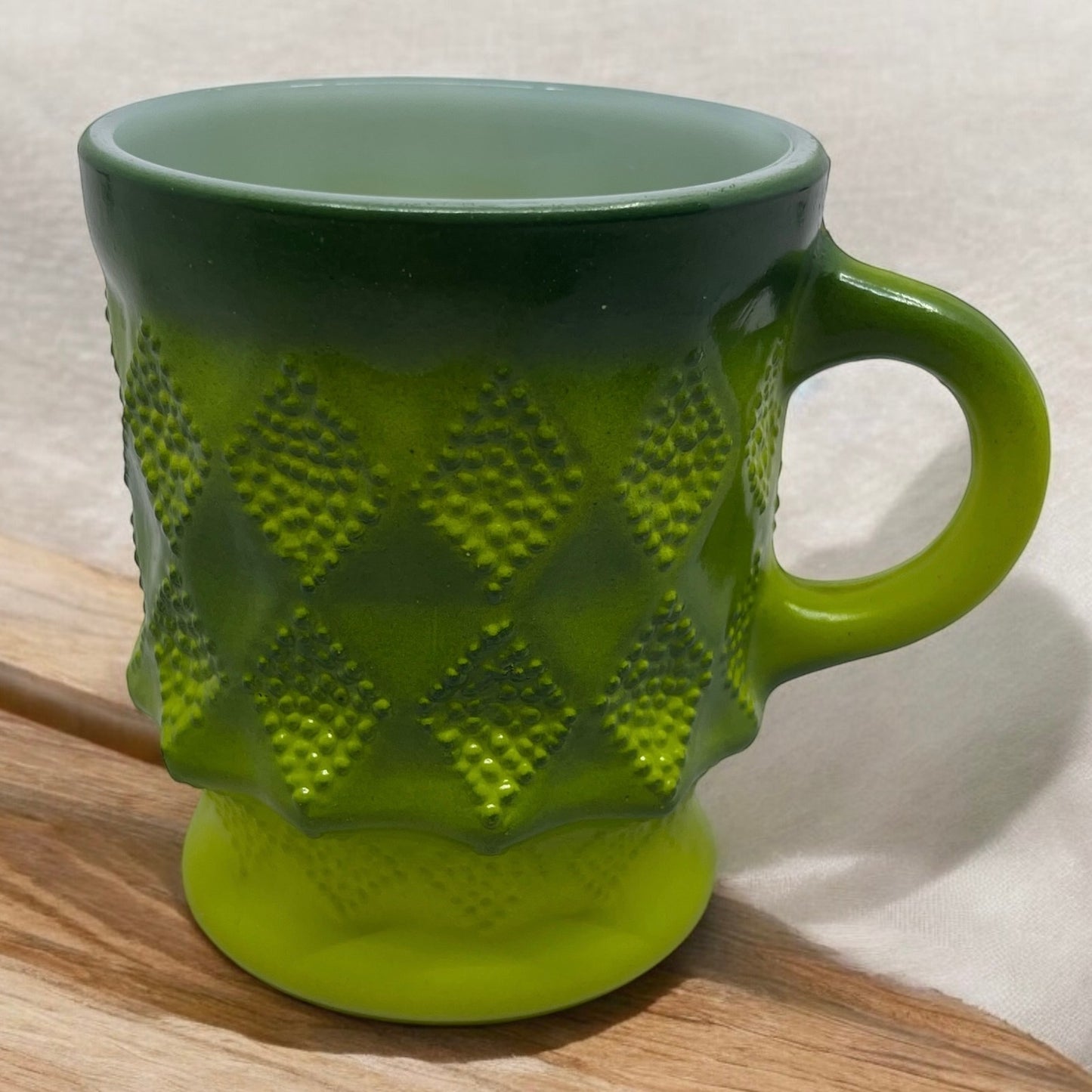 Vintage Fire King Ombre Green Kimberly Diamond Milk Glass Mug Cup TC5