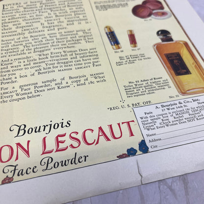 1924 Bourjois Manon Lescaut Face Powder 10x13 Magazine Advertisement FL6-7