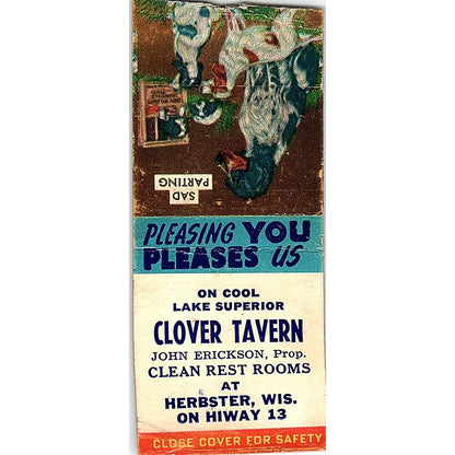 Clover Tavern John Erickson Herbster WI Vintage Matchbook Cover SC7-Y4