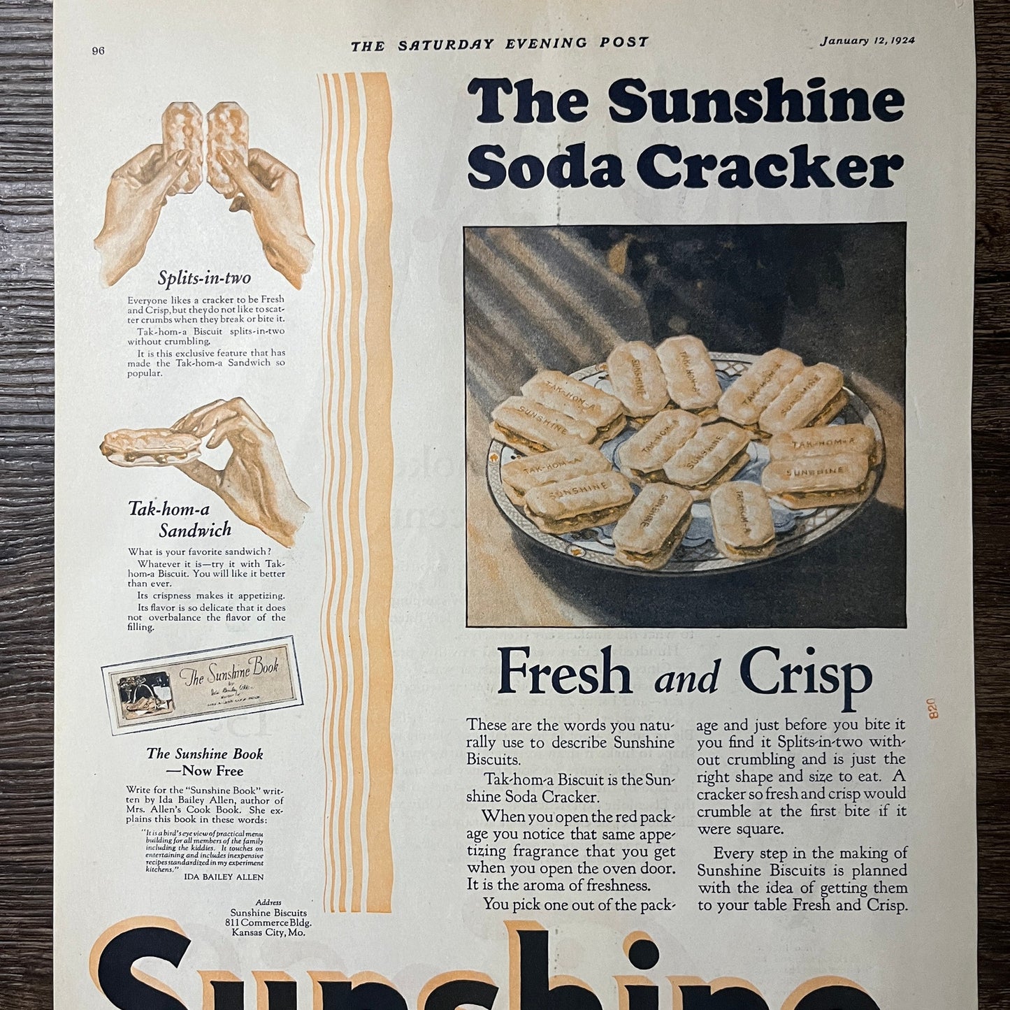 1924 Sunshine Soda Crackers Kansas City MO Vintage Magazine Ad 11x14 V9