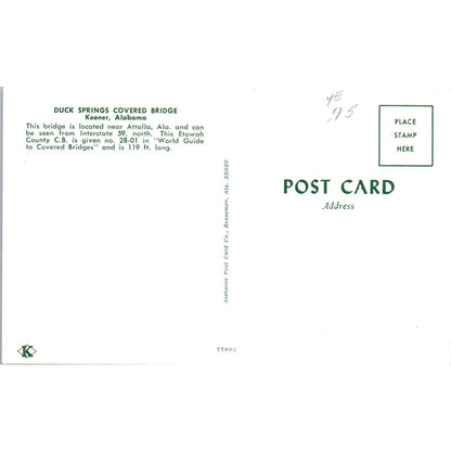 Duck Springs Bridge Keener Alabama Covered Bridge Postcard PB13