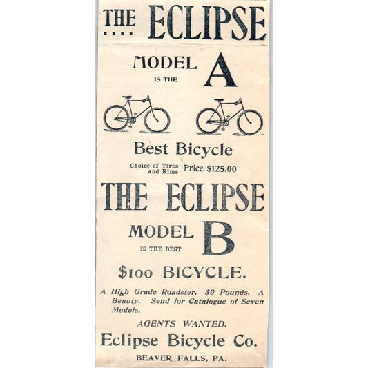 Eclipse Model A and Model Bicycles Beaver Falls PA 1894 Ad AB6-SL1