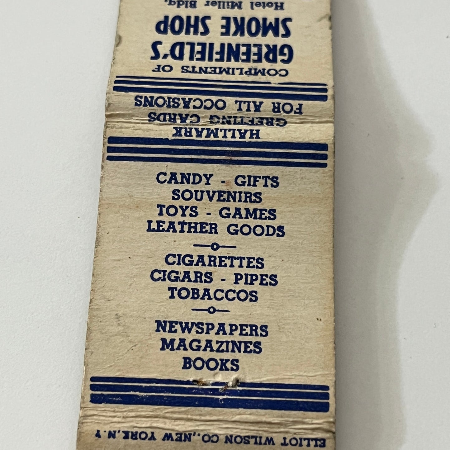 Greenfield's Smoke Shop Hotel Miller Great Barrington MA Matchbook TB6-MB1-12