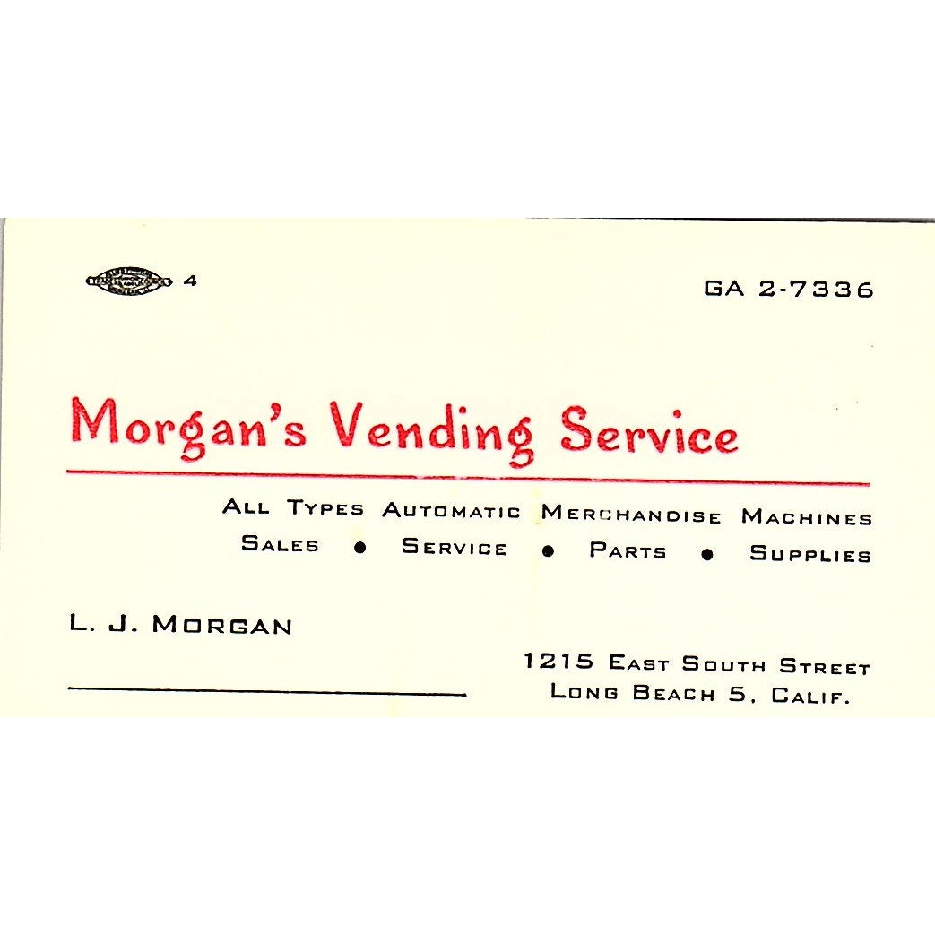 L.J. Morgan Vending Service Long Beach CA Vintage Business Card SE5-B1
