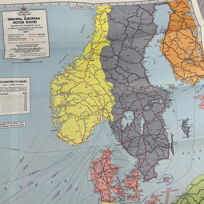 1962 Planning Map of European Motor Routes AAA Fold Out Map TH2-Y1