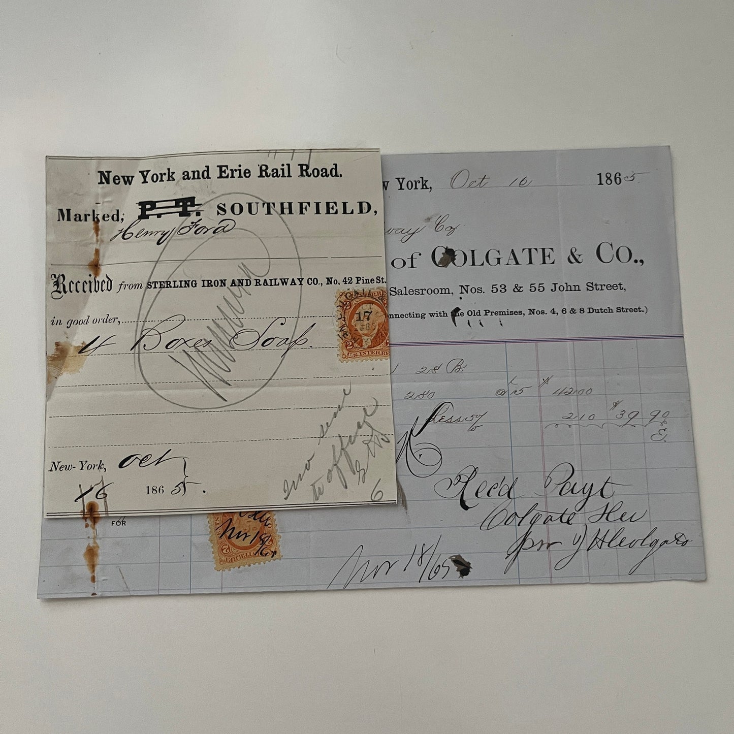 Colgate & Co New York 1865 Civil War Era Billhead & Erie Ry Waybill C15