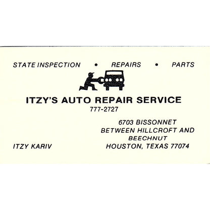 Itzy Kariv Itzy's Auto Repair Service Houston Vintage Business Card SE3-B12