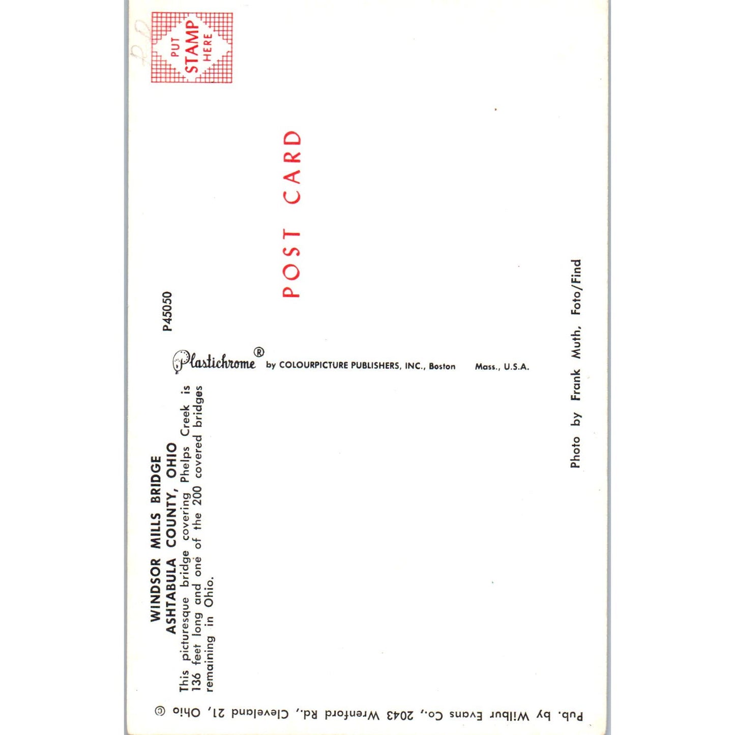 Windsor Mills Bridge Ashtabula Phelps Creek Ohio Covered Bridge Postcard PC2