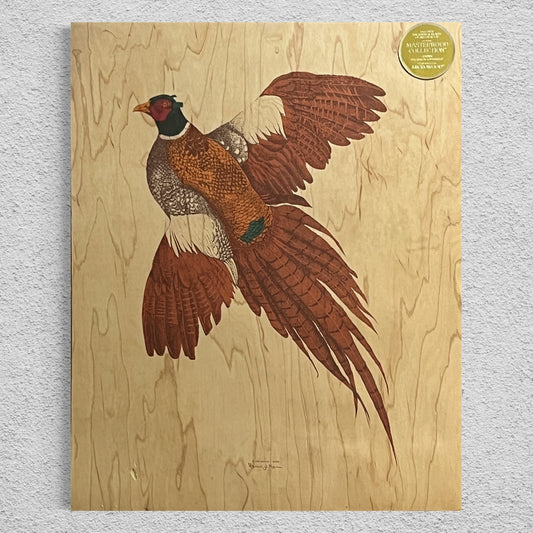 Vintage 1987 Pheasant Art Print on Belgian Wood Veneer by Marlin J Mann - 16x20"