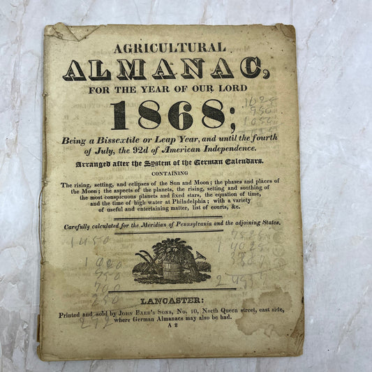 1868 Agricultural Almanac Lancaster PA John Baer’s Sons TF5