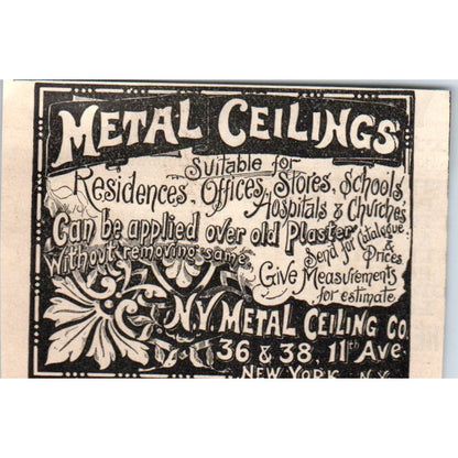 NY Metal Ceiling Co New York 1892 Magazine Ad AB6-4