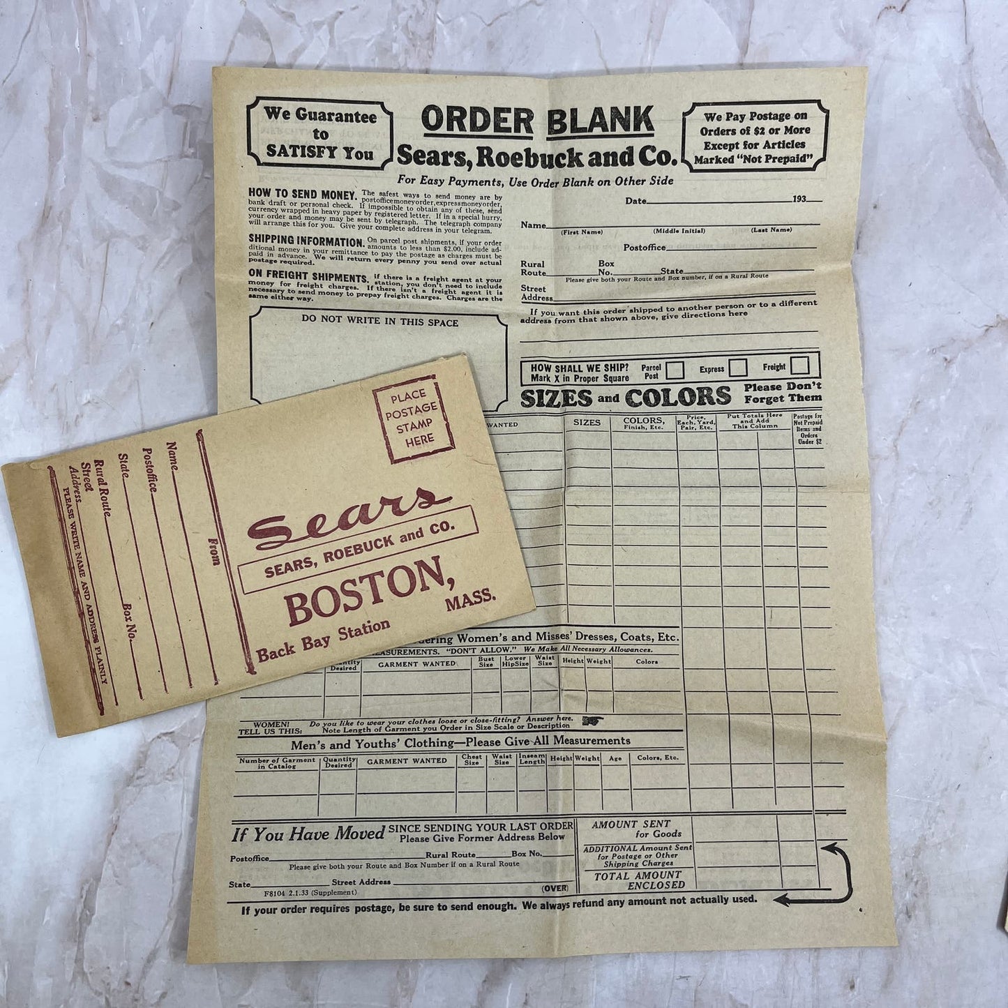 1933 Sears, Roebuck & Co. Order Blank & Envelope Back Bay Station Boston MA AE6