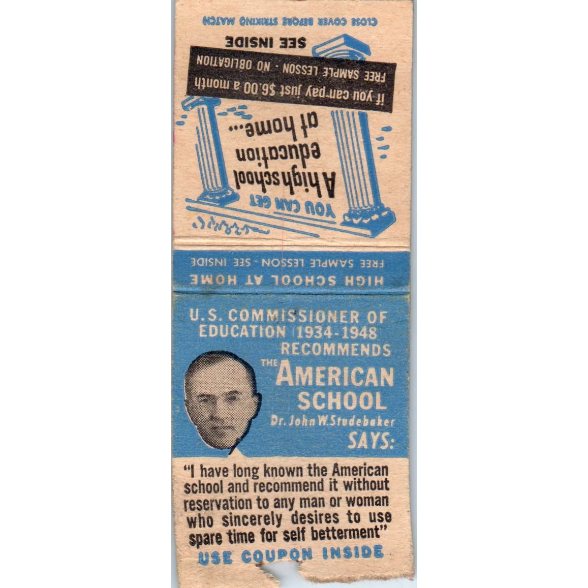 John W. Studebaker American School Diploma by Mail Vtg Matchbook Cover SD4-Y2