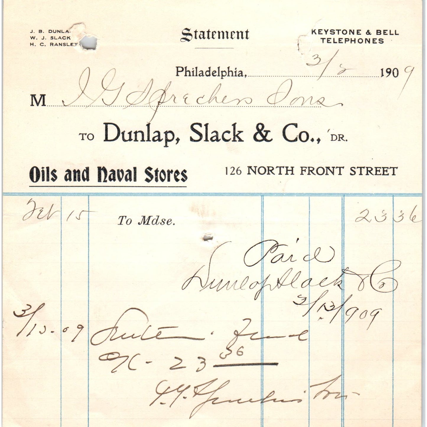 1909 Dunlap, Slack & Co Oils and Naval Stores Philadelphia Billhead Receipt D11