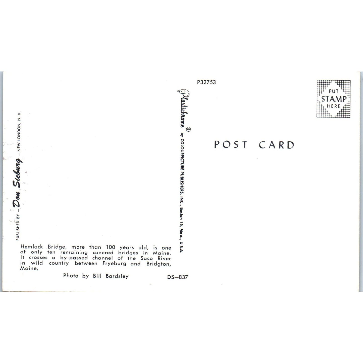 Hemlock Bridge Fryeburg Bridgton Maine Covered Bridge Postcard PC5