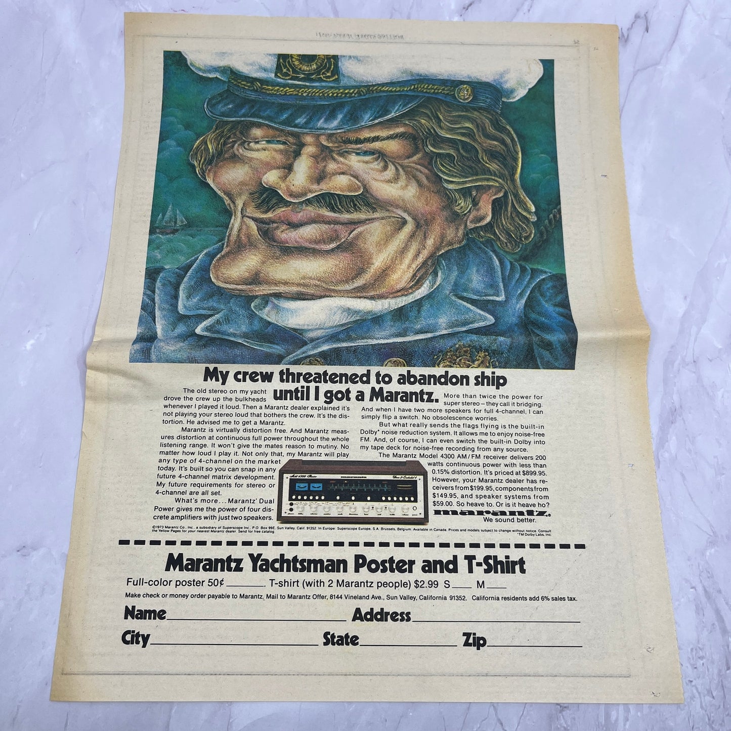 Marantz Yachtsman Poster & T-Shirt 11x14.5" 1974 Ad V14-2