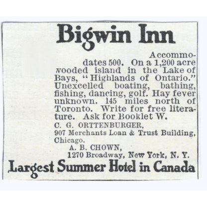 Bigwig Inn Ontario C.G. Orttenburger A.B. Chowen c1918 Advertisement AE5-SV6