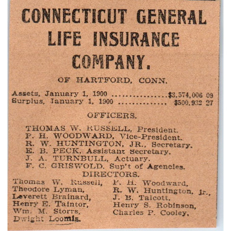 Connecticut Life Ins Co Thomas W. Russell Hartford 1901 Newspaper Ad AD8-HS5