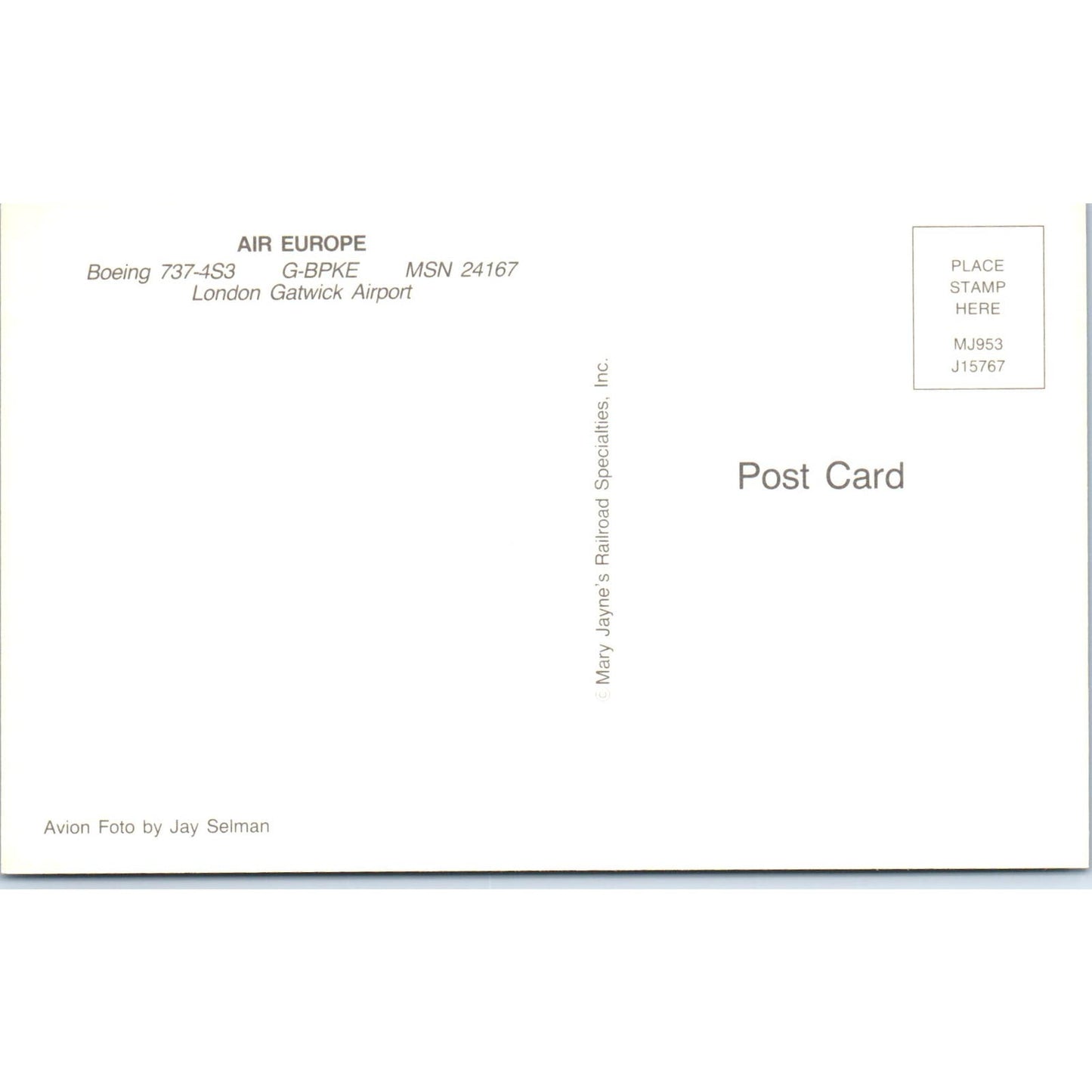 Air Europe Boeing 737-4S3 G-BPKE Vintage Postcard PC3