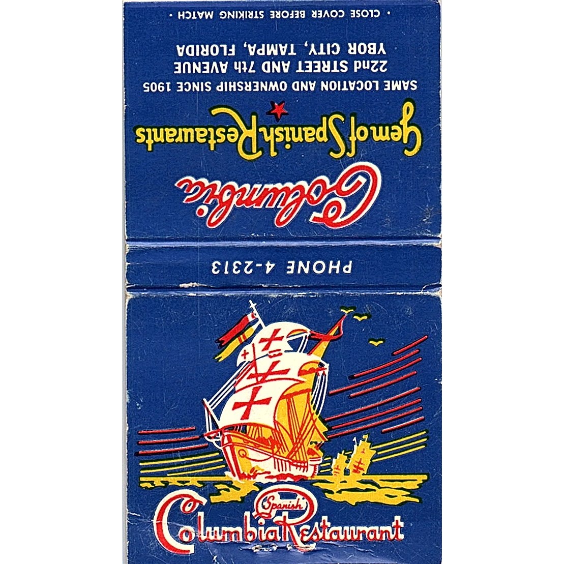 Columbia Spanish Restaurants Ybor City Tampa FL Vintage Matchbook Cover SF3-Y4