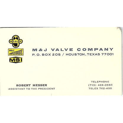 Robert Messer M&J Valve Co Houston Vintage Business Card SE5-B3