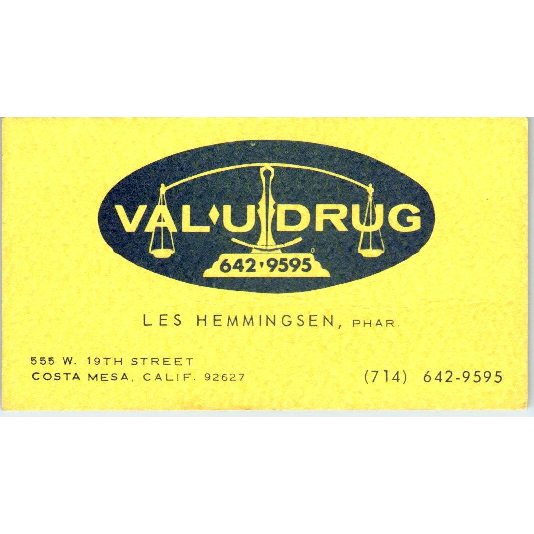 Valu Drug Pharmacy Les Hemmingsen Costa Mesa CA Vintage Business Card SD8-B15