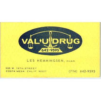 Valu Drug Pharmacy Les Hemmingsen Costa Mesa CA Vintage Business Card SD8-B15