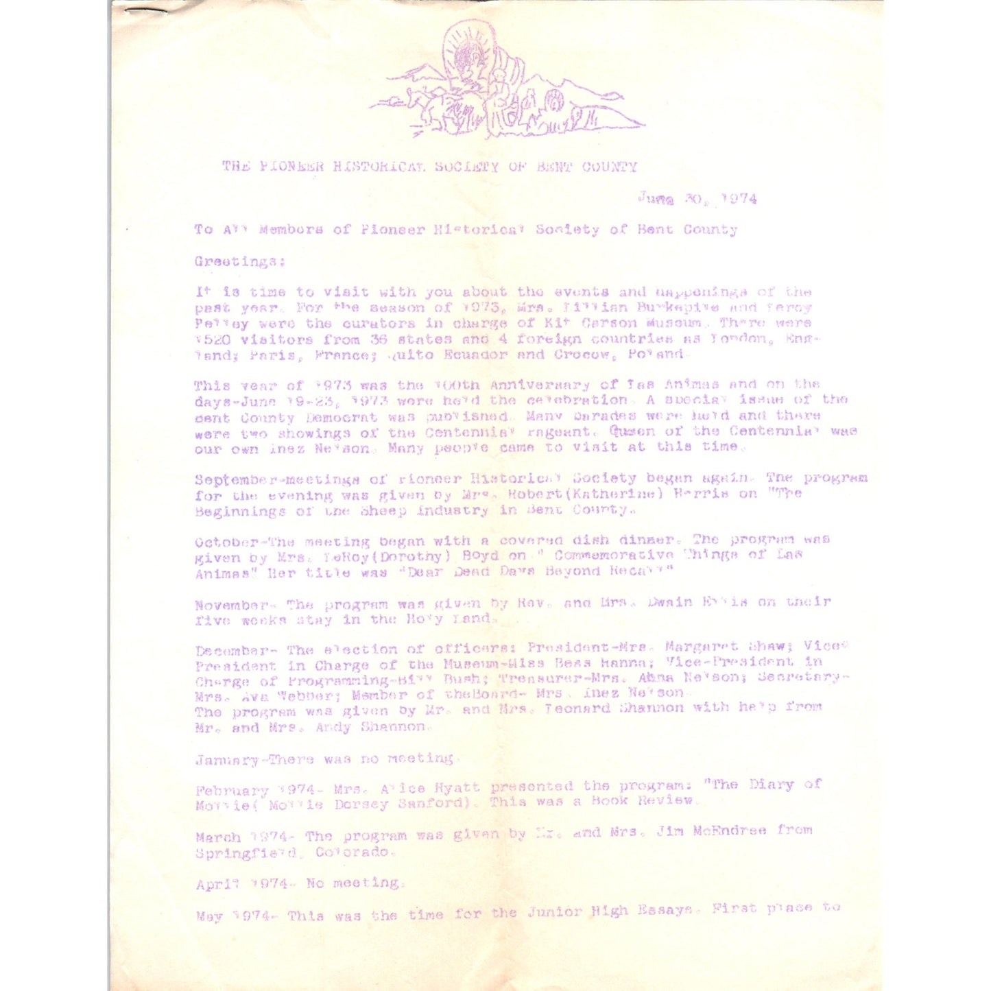 1974 The Pioneer Historical Society of Bent County Letter to Members D23