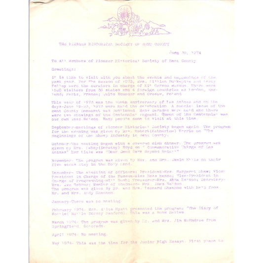 1974 The Pioneer Historical Society of Bent County Letter to Members D23