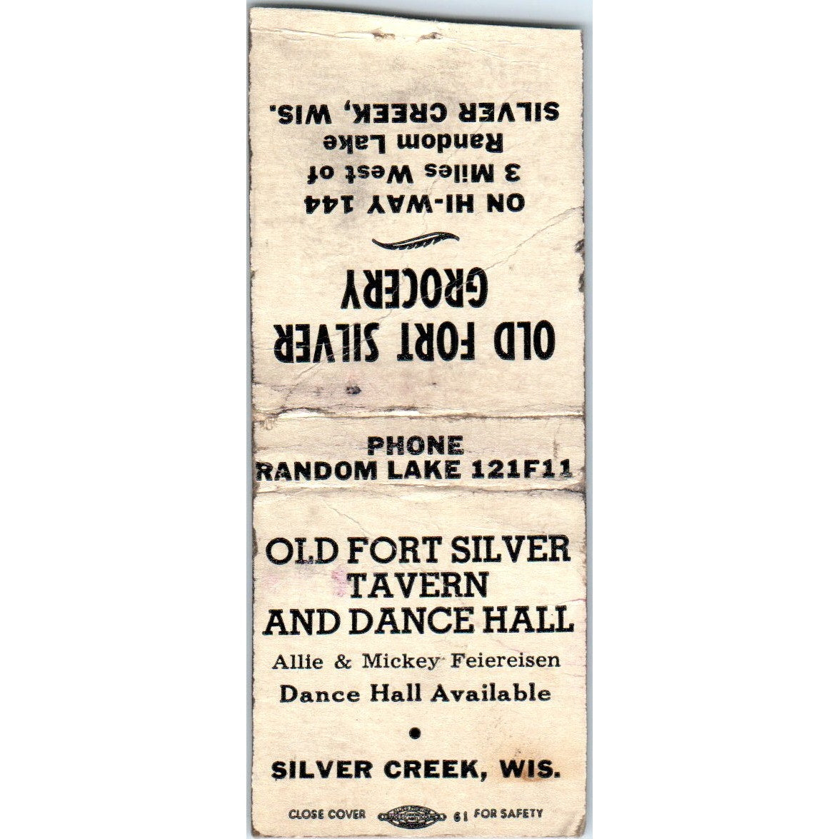 Old Fort Silver Tavern Dance Hall Allie & Mickey Feiereisen WI Matchbook SD4-Y2