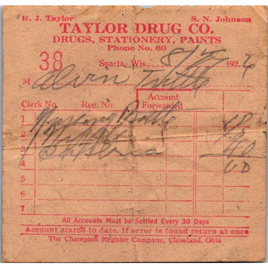 1926 Taylor Drug Co Drugs, Stationary, Paints Sparta WI Billhead Receipt AI9-M25