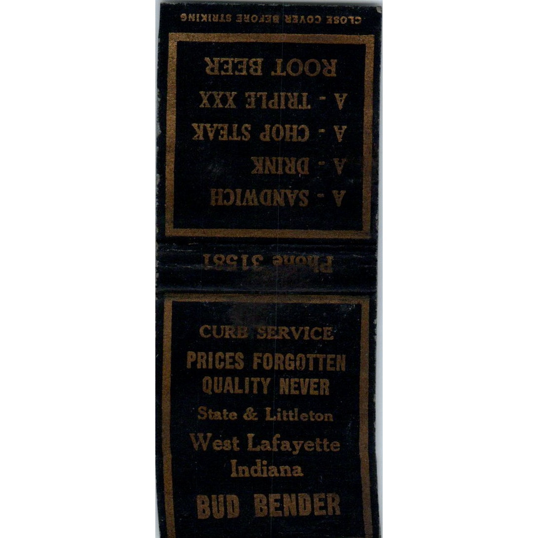 Bud Bender Curb Service West Lafayette IN Vintage Matchbook Cover SD4-Y6