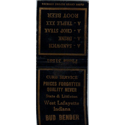 Bud Bender Curb Service West Lafayette IN Vintage Matchbook Cover SD4-Y6