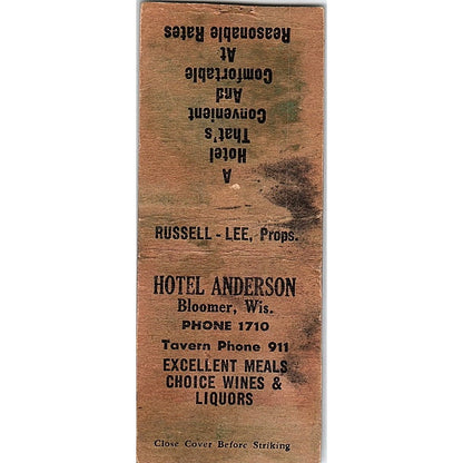 Hotel Anderson Bloomer WI Vintage Matchbook Cover SC7-Y9