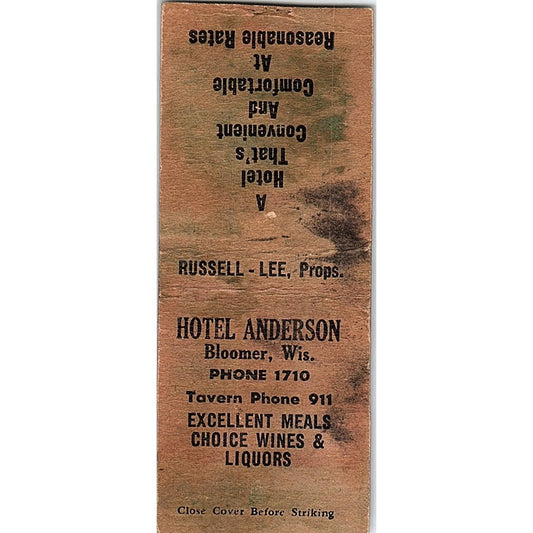 Hotel Anderson Bloomer WI Vintage Matchbook Cover SC7-Y9