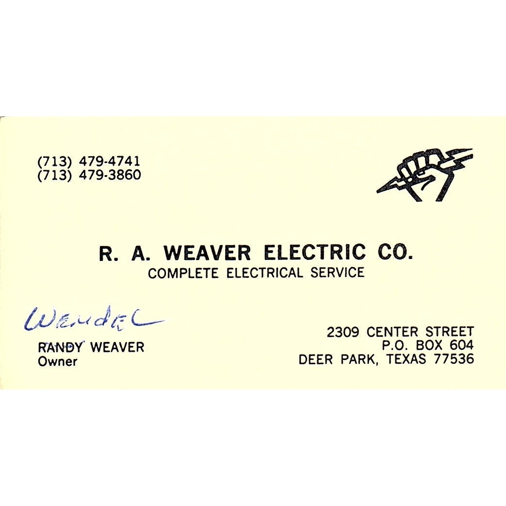 R.A. Weaver Electric Co Deer Park TX Vintage Business Card SC9-B4