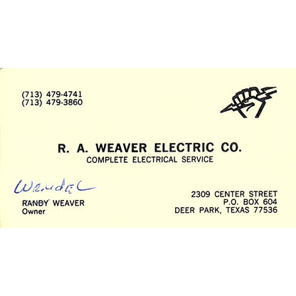 R.A. Weaver Electric Co Deer Park TX Vintage Business Card SC9-B4