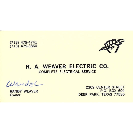 R.A. Weaver Electric Co Deer Park TX Vintage Business Card SC9-B4