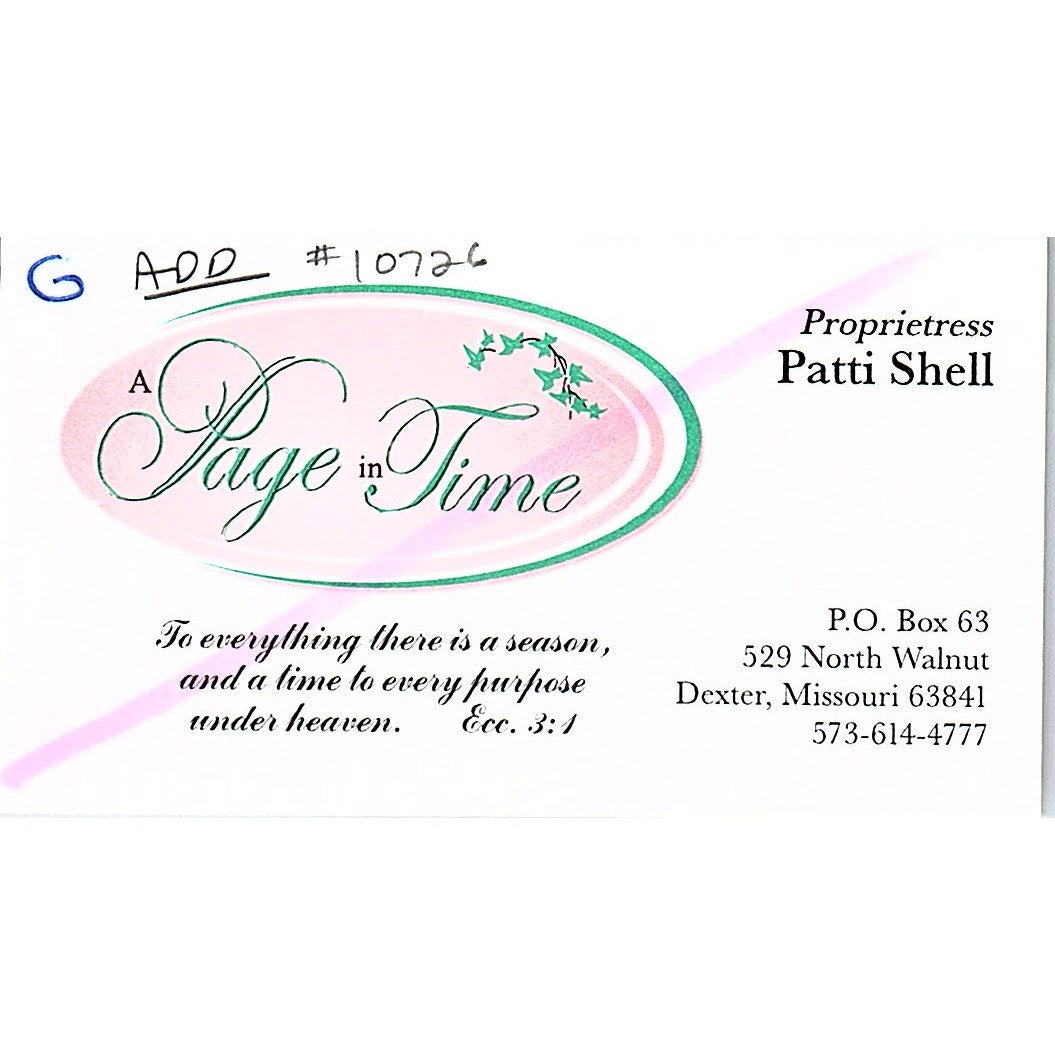 A Page in Time Patti Shell Dexter MO Vintage Business Card SC9-B9