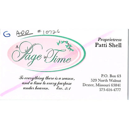 A Page in Time Patti Shell Dexter MO Vintage Business Card SC9-B9