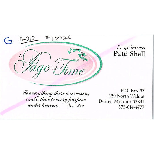 A Page in Time Patti Shell Dexter MO Vintage Business Card SC9-B9